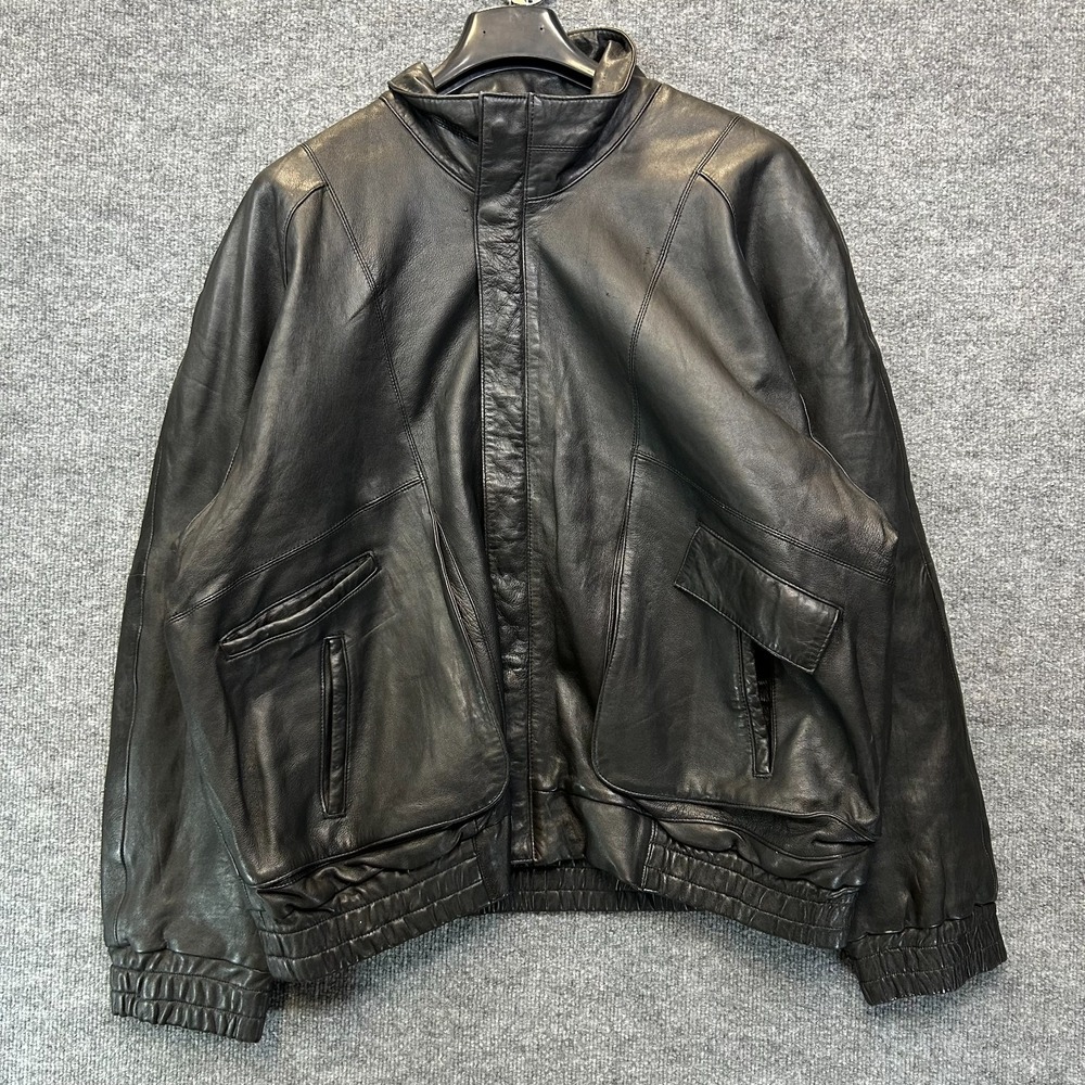 VTG Philippe Monet Leather Bomber Jacket Men Black Funnel Neck Full Zip - 46